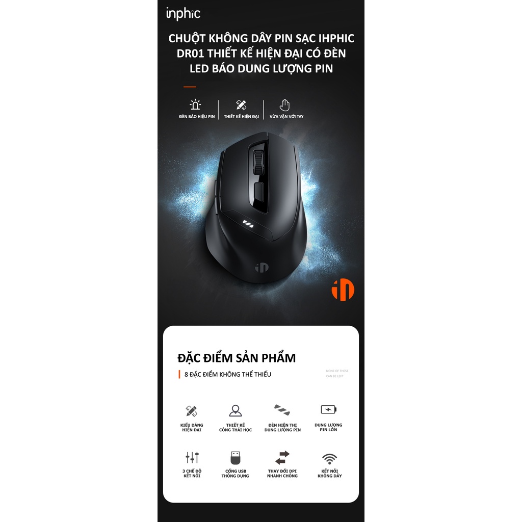 Chuột không dây INPHIC DR01 sử dụng pin sạc thiết kế hiện đại với độ DPI lên đến 1600 có đèn led báo hiệu dung lượng pin