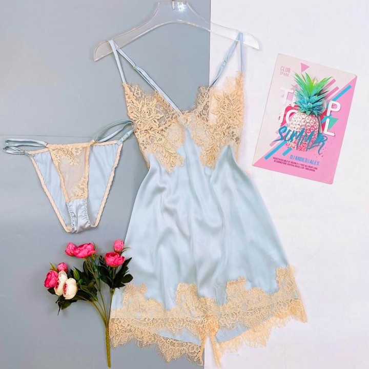 Váy ngủ lụa sexy phối ren hở lưng đan dây sau kèm chip gợi cảm
