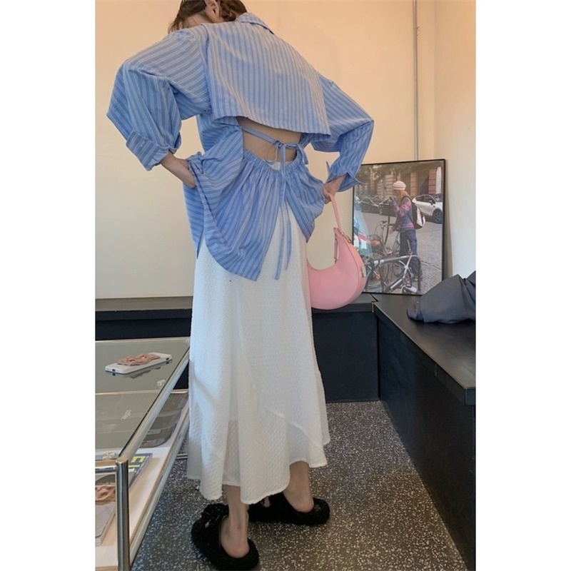 Áo Sơ Mi Tay Dài Hở Lưng Họa Tiết Sọc Thời Trang Cho Nữ