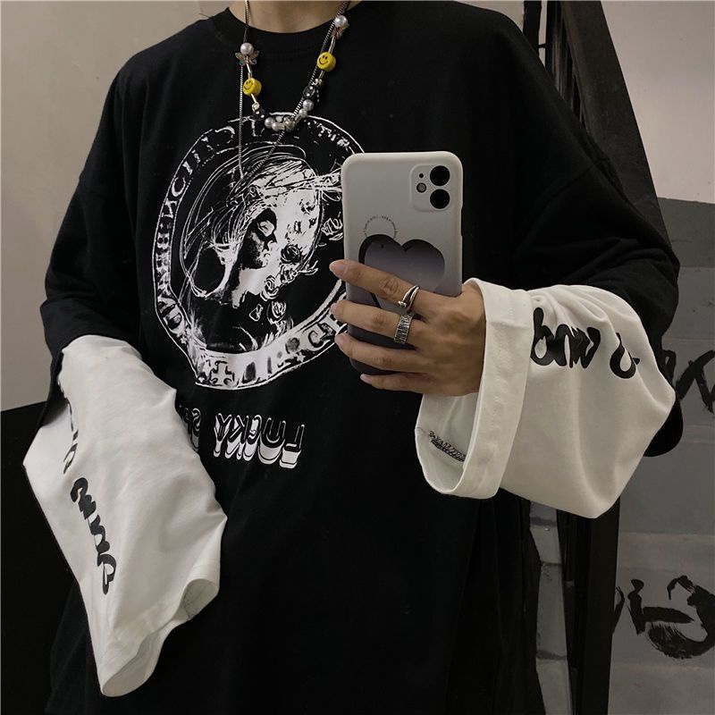 Áo Thun Tay Dài Giả Hai Lớp Dáng Rộng In Họa Tiết Anime Phong Cách Hip Hop Cho Nam