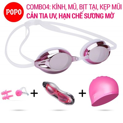 Bộ kính bơi người lớn POPO 1154G mắt tráng gương hạn chế sương mờ, cản tia UV