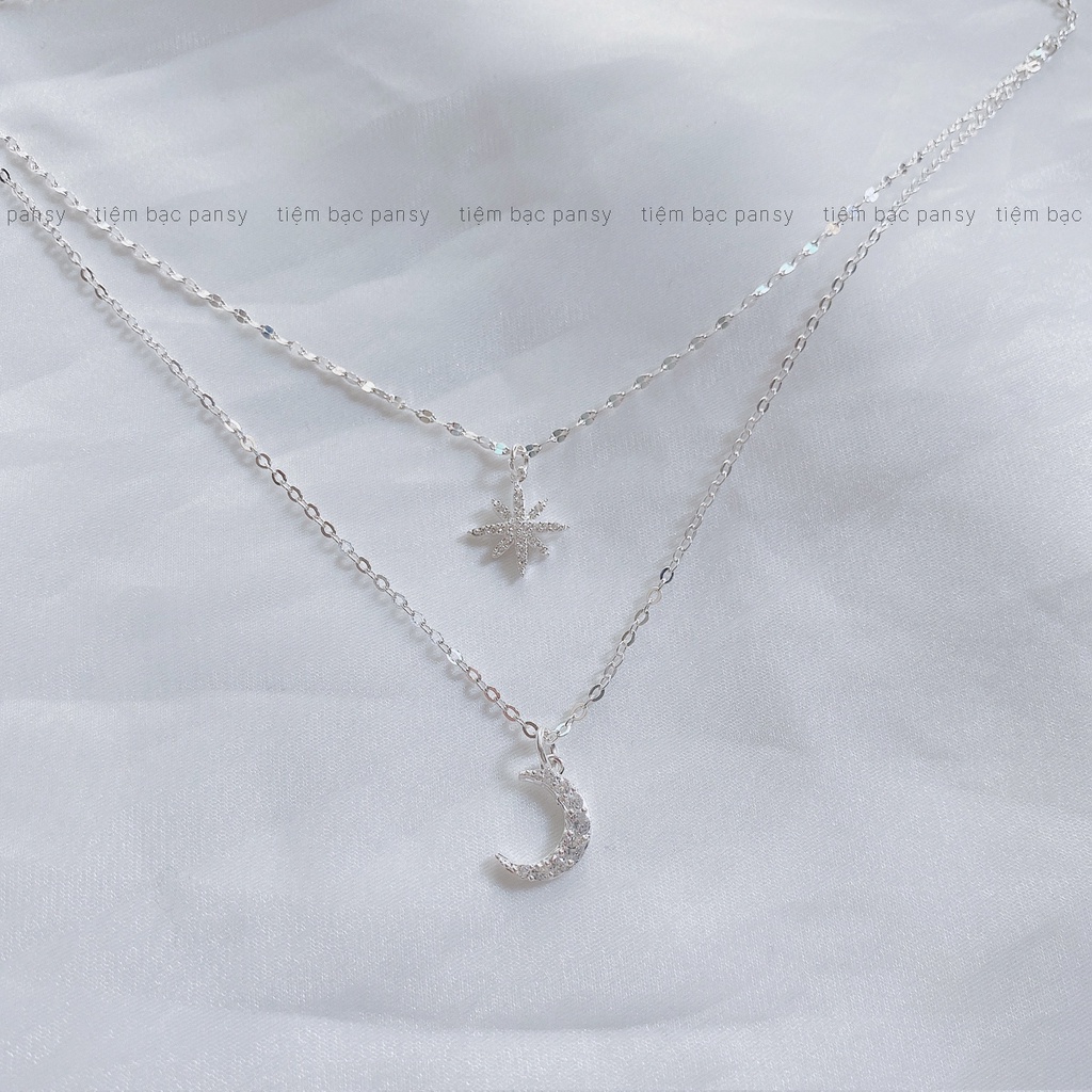 Dây chuyền bạc dây đôi PANSY mặt ngôi sao và mặt trăng, vòng cổ nữ sang trọng nữ tính bằng bạc ta