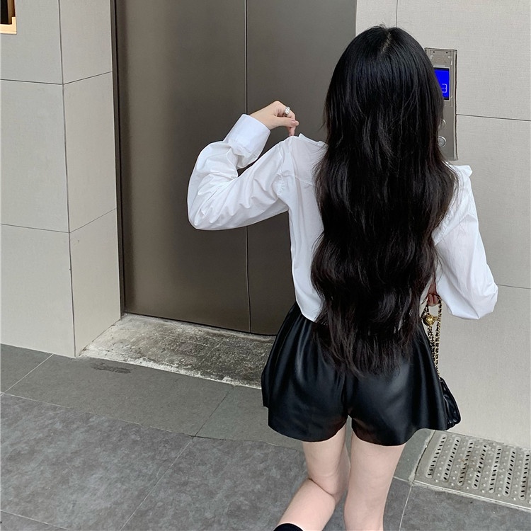 Set Áo Sơ Mi Tay Dài + Quần Short Da pu Lưng Cao Thời Trang