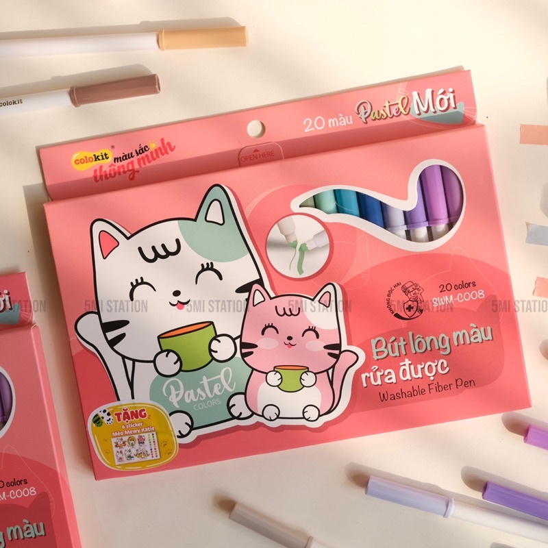 Bút Lông Rửa Được 20 Màu Pastel Washable Fiber Pen Thiên Long Colokit - Viết Nét Thanh Nét Đậm