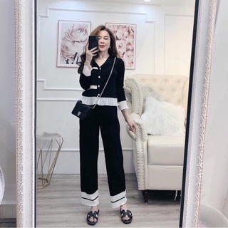 Sét bộ len nữ cố V quần suông phối bèo trắng sang chảnh