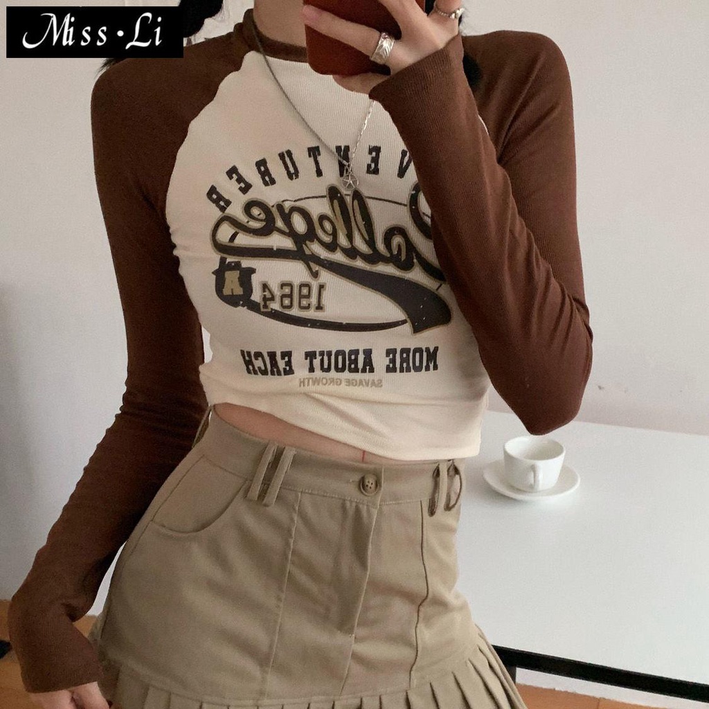 Áo Thun Dài Tay Ôm Dáng In Chữ Phong Cách Retro Mỹ Cho Nữ