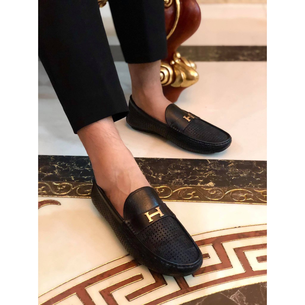 Giầy lười nam da thật đục lỗ thoáng khí mới 2020 3 màu đen nâu vàng bò