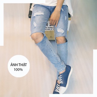 [sale lẻ size] Quần jeans nam xám xanh đục rách ảnh thật
