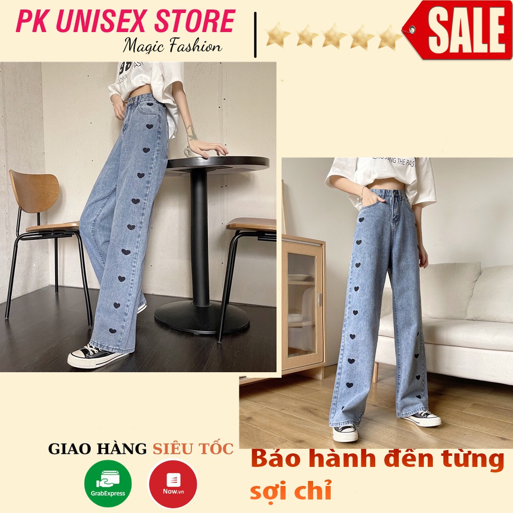 Quần Jeans Ống Rộng In Trái Tim Dọc - Quần Ống Rộng Nữ Dáng Suông Lưng Cao Ulzzang Q45