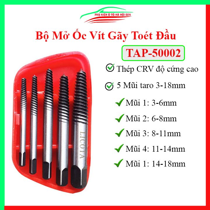 Bộ mở ốc vít gãy, toét đầu Licota - 5 mũi taro 3-18mm TAP-50002