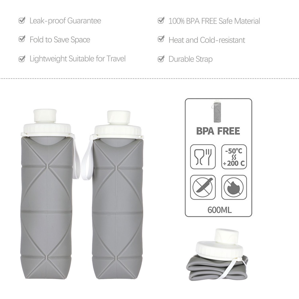 Bình nước silicone thể thao 600ml nhỏ gọn nhiều màu sắc cho người lớn/ trẻ em tiện dụng