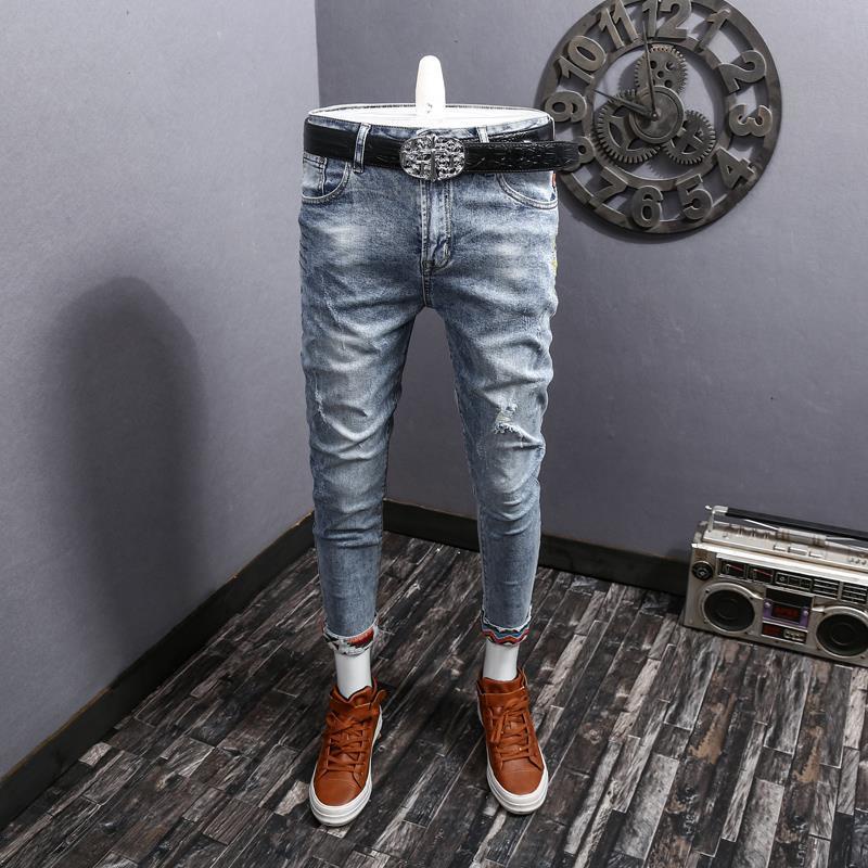 Quần Jeans Rách Dáng Ôm Co Giãn Thêu Họa Tiết Phong Cách Hàn Quốc Mới Cho Nam
