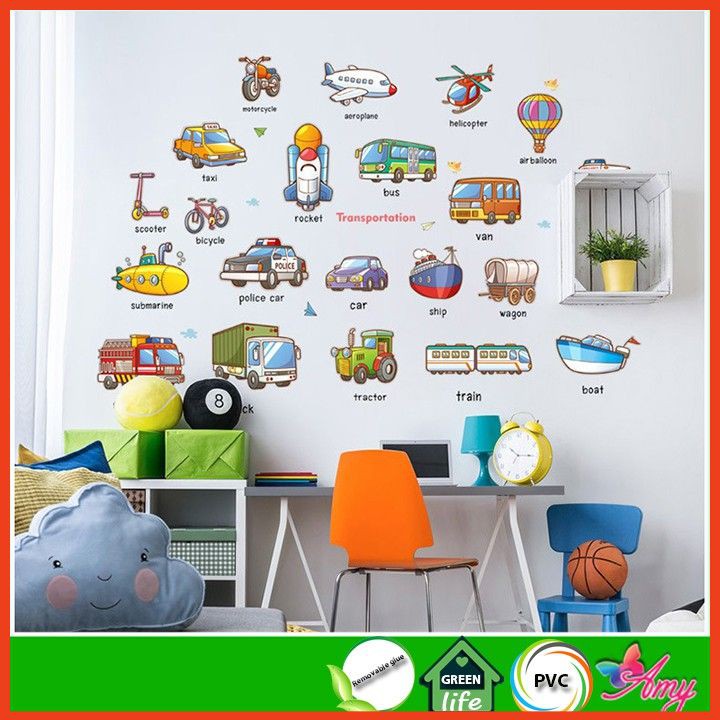 Decal phương tiện giao thông Tiếng Anh ⚡FREE SHIP⚡ Tranh dán tường cho bé, kích thích khả năng ngoại ngữ của trẻ tốt hơn