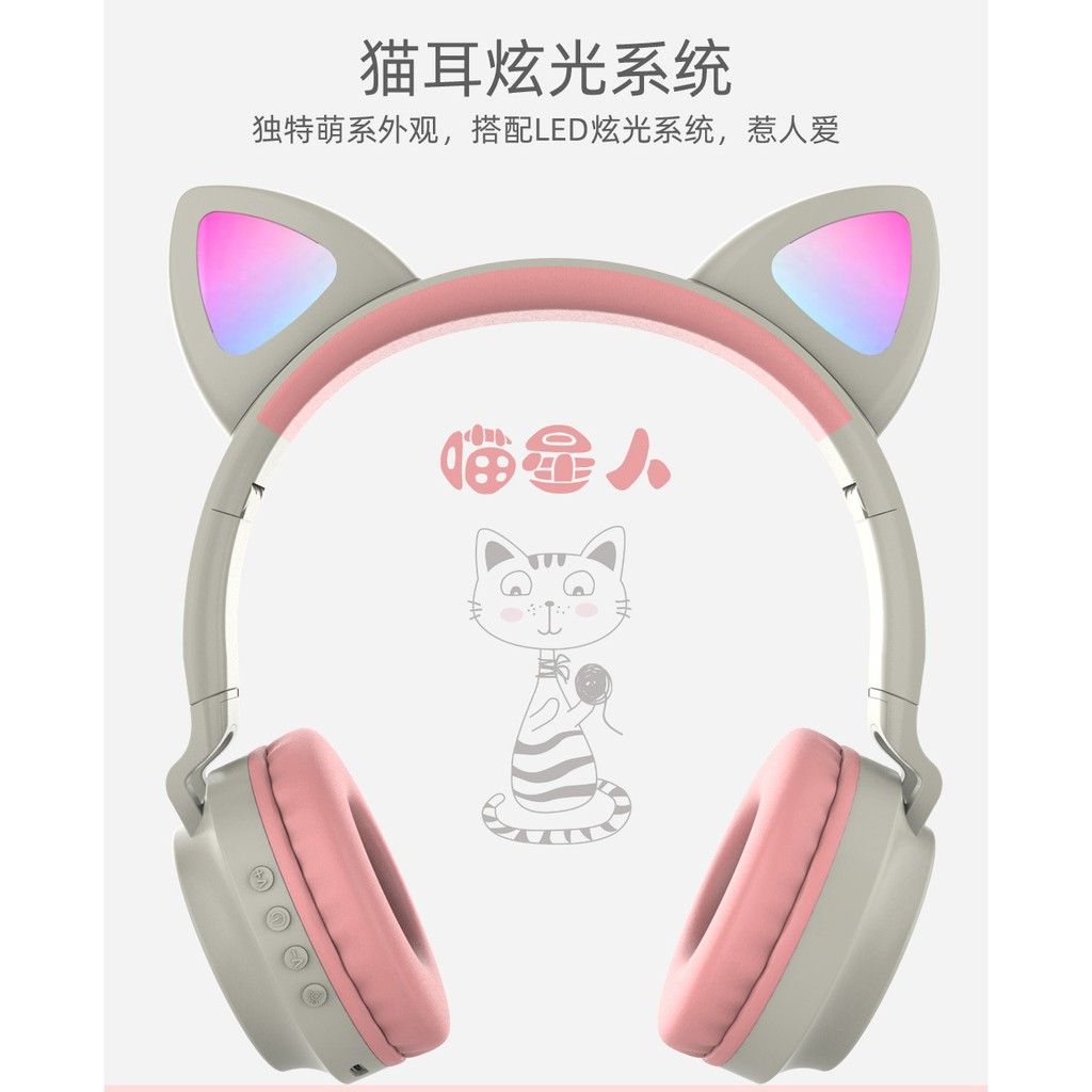 Tai nghe Bluetooth gắn đầu mới BT-028 Tai nghe không dây tai mèo Douyin LED nhà máy bán buôn đèn thở