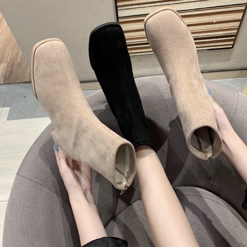 Boots da lộn cổ ngắn gót vuông cao 5cm có khoá kéo