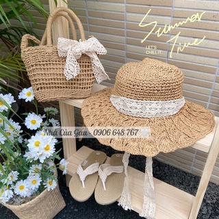 Set túi, nón, dép cói đi biển ( ảnh thật shop chụp )