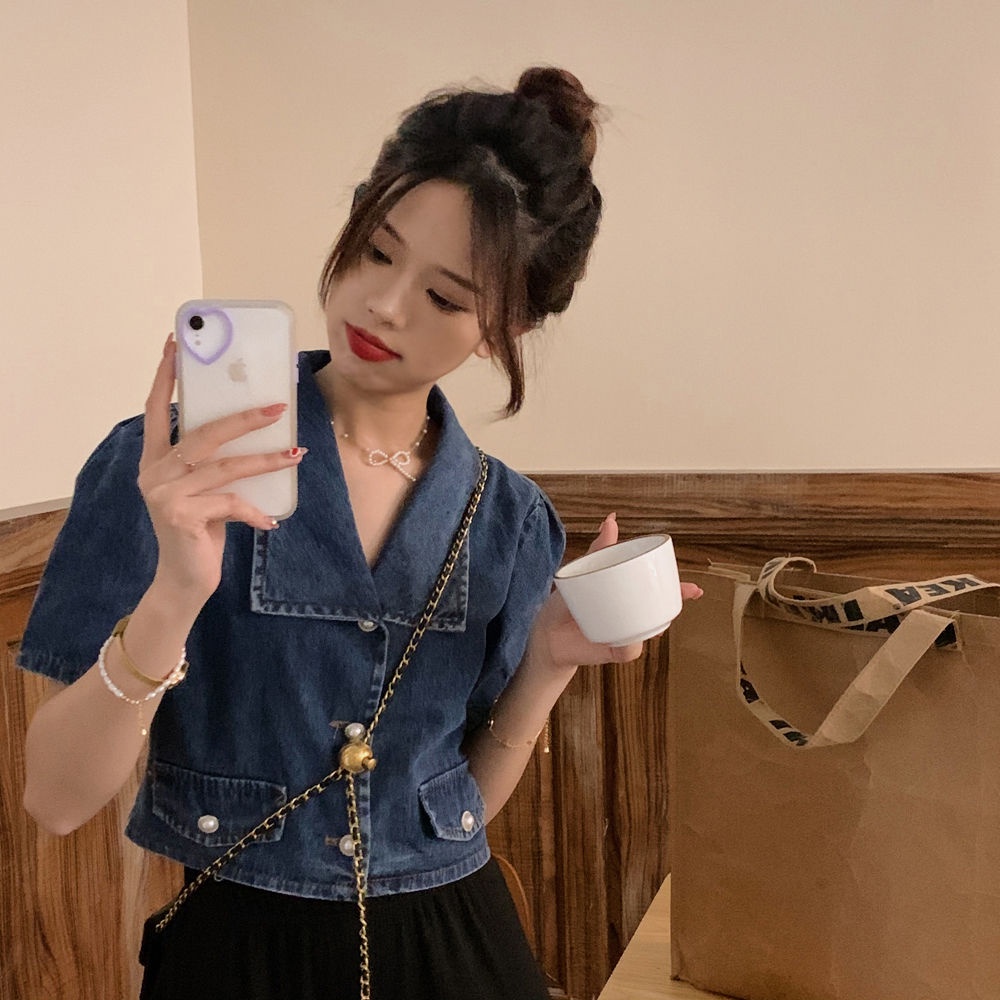 IMAODOUÁo denim tay ngắn kiểu retro Hàn Quốc thiết kế đơn giản dễ phối đồ cho nữ