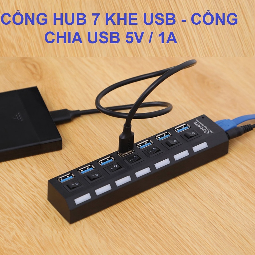 Bộ Chia Hub USB 7 Port Có Công Tắc Riêng Có Đèn Led - Đầu Chia 7 Cổng USB Tiện Dụng Tốc Độ Cao