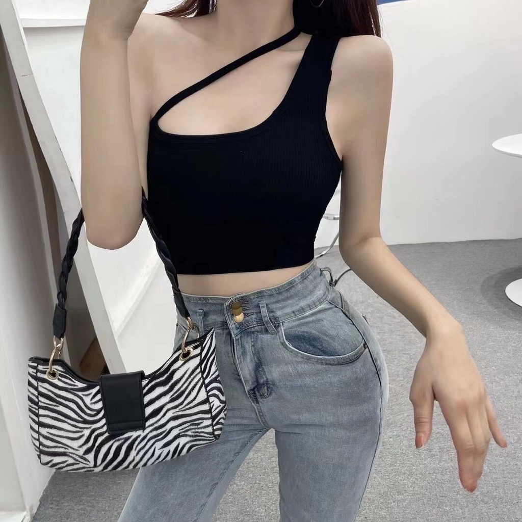 Croptop - áo 2 dây chéo lệch vai - bra gân tăm có đệm - LUT