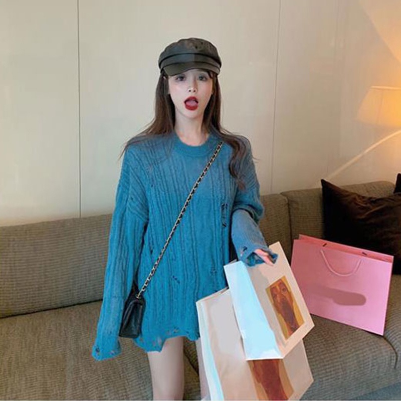 Áo sweater IELGY dệt kim cổ tròn tay dài kiểu mỏng có khoét rỗng
