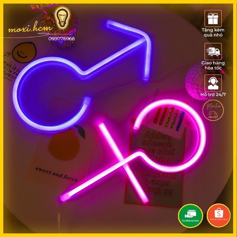 【Tặng MÓC TREO 】Đèn LED chữ neon hình KÝ HIỆU NAM NỮ trang trí DECOR phòng ngủ , quán ( HỘP PIN + USB) MOXI.