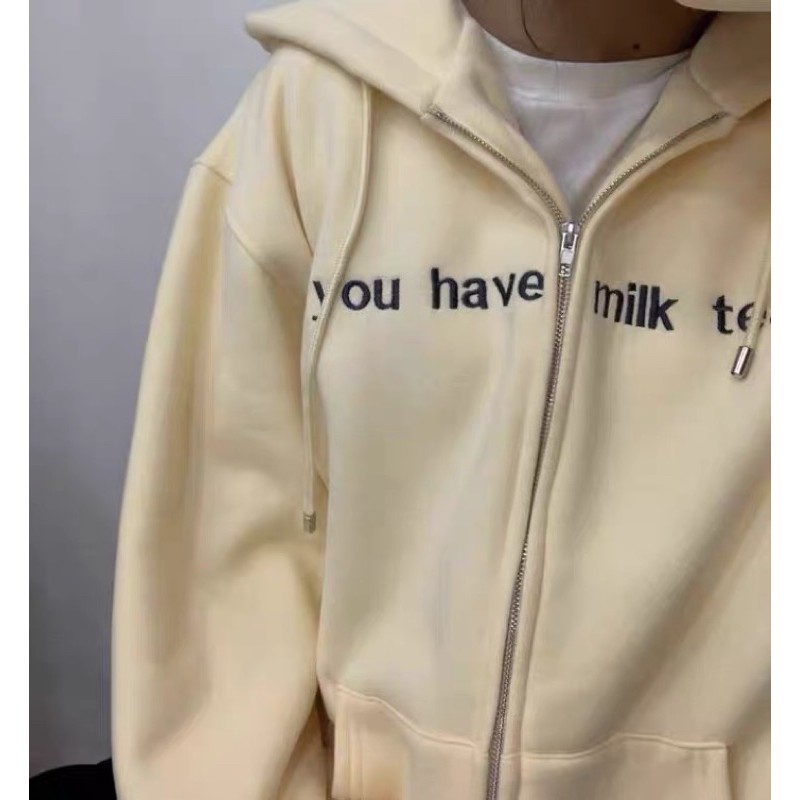 🔥SẴN áo xanh size M 🔥 [HÀNG ORDER] Áo khoác hoodie zip Did you have milktea today? lót bông form rộng (ảnh thật ở cuối)