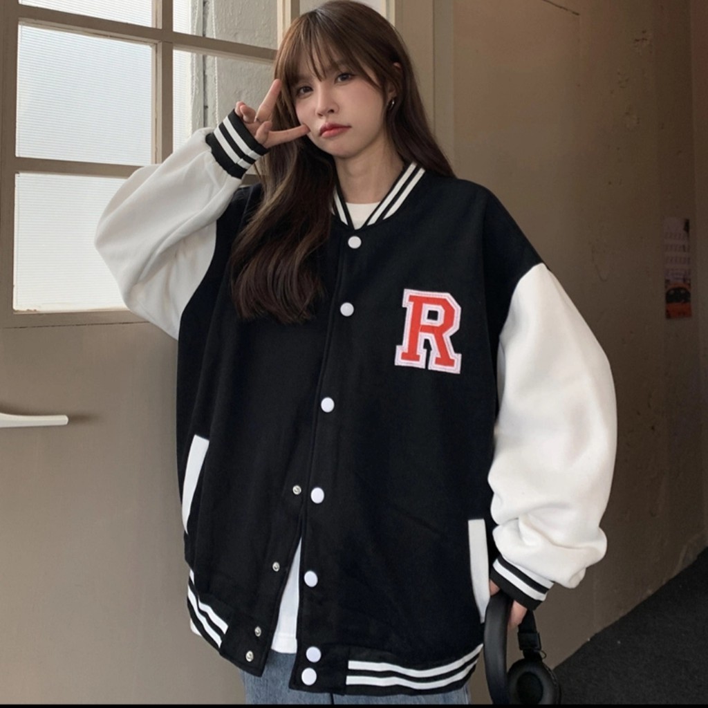 Áo Bomber Nỉ Chữ R ❤ Áo Khoác Cúc Bấm Form Rộng Unisex HS20