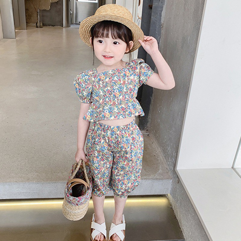Bộ áo tay phồng + quần họa tiết hoa phong cách Hàn Quốc xinh xắn thời trang mùa hè cho bé gái