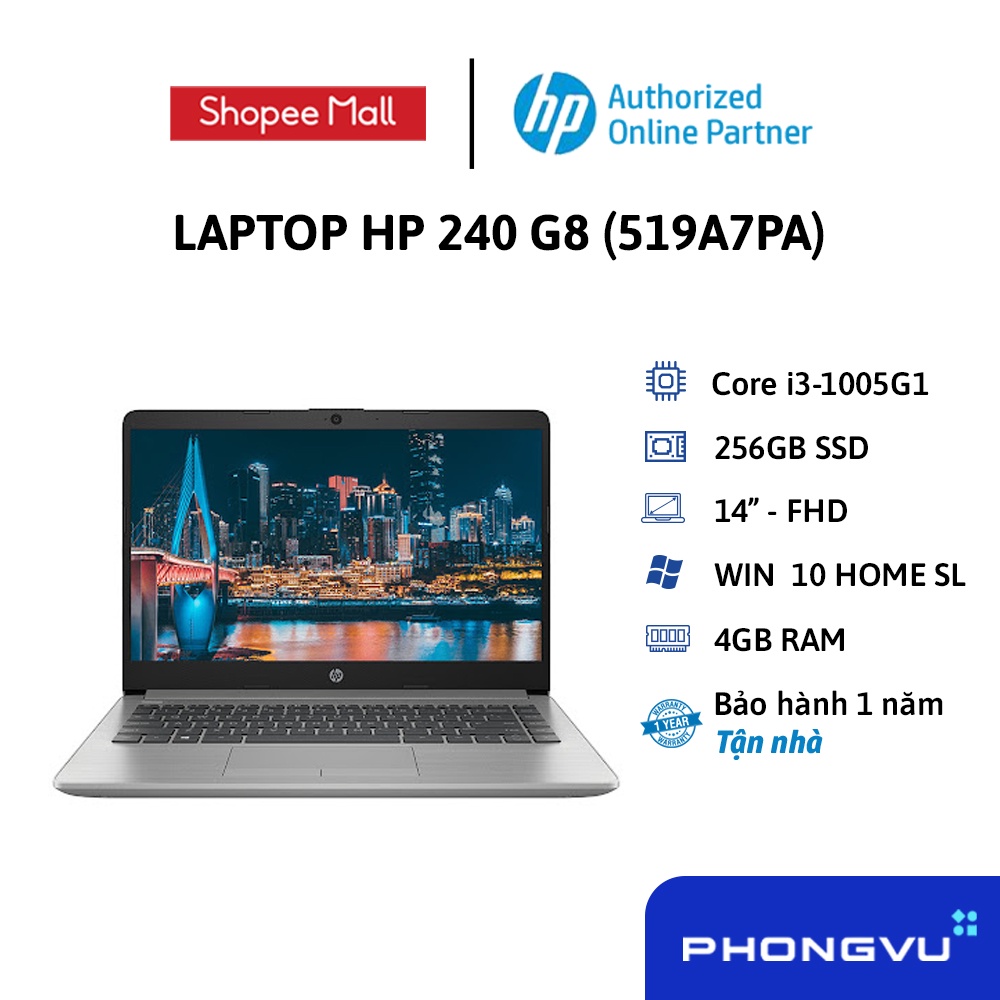 [ELHP10 giảm 10% max 2TR5 đơn từ 15TR] - Laptop HP 240 G8 (519A7PA) (i3-1005G1) (Bạc) - Bảo hành 12 tháng