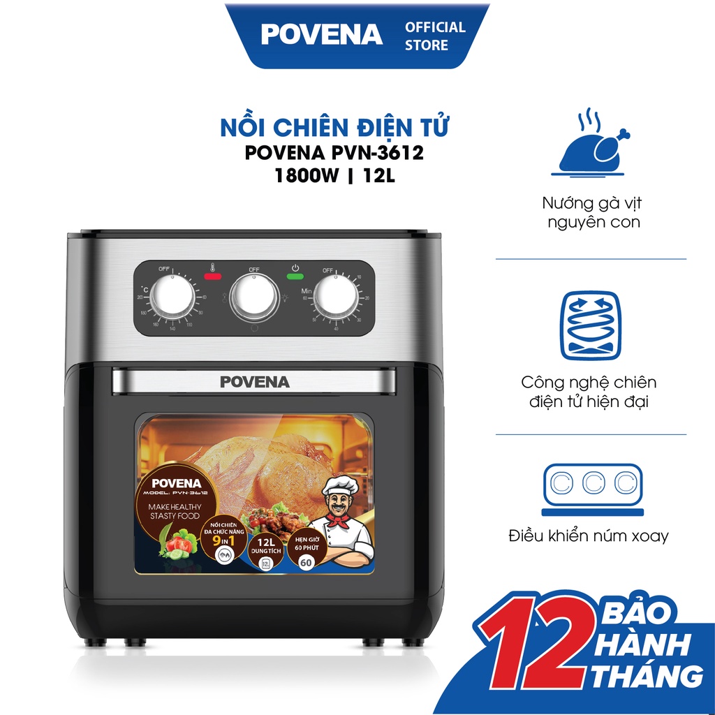 [Mã BMBAU300 giảm 10% đơn 499K] Nồi Chiên Không Dầu POVENA 12L 1800W PVN-3612