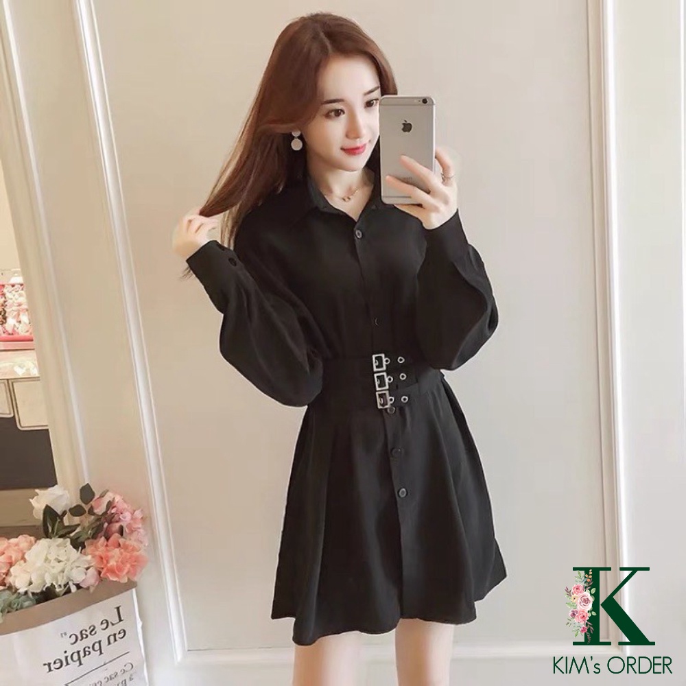 Váy sơ mi phối đai eo loại 1 thời trang cá tính màu đen dài tay dành cho nữ năng động sành điệu phong cách Hàn Quốc