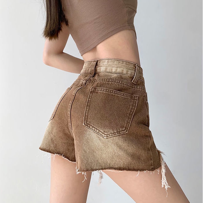 Jiashucheng Quần Short Denim Lưng Cao Ống Rộng Phối Rách Kiểu Retro Mỹ Thời Trang Mùa Hè Cá Tính