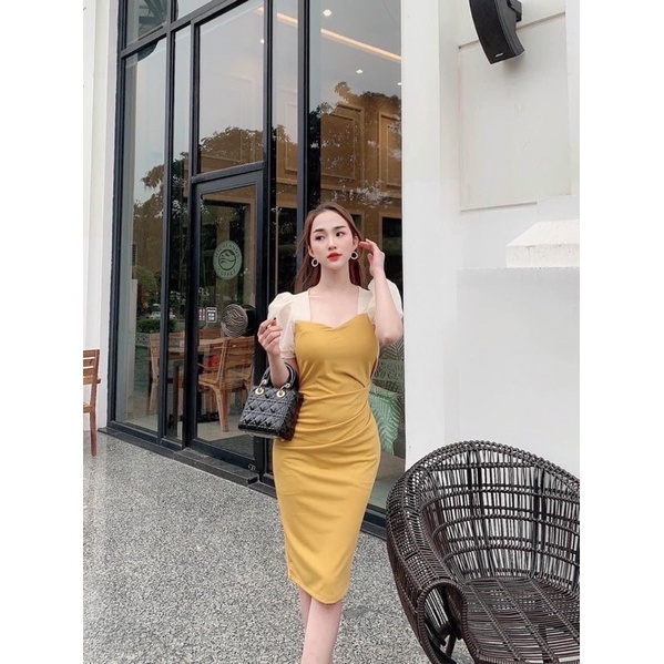 Đầm sang chảnh ôm body thiết kế cổ vuông tay bồng kín đáo, lịch sự | BigBuy360 - bigbuy360.vn