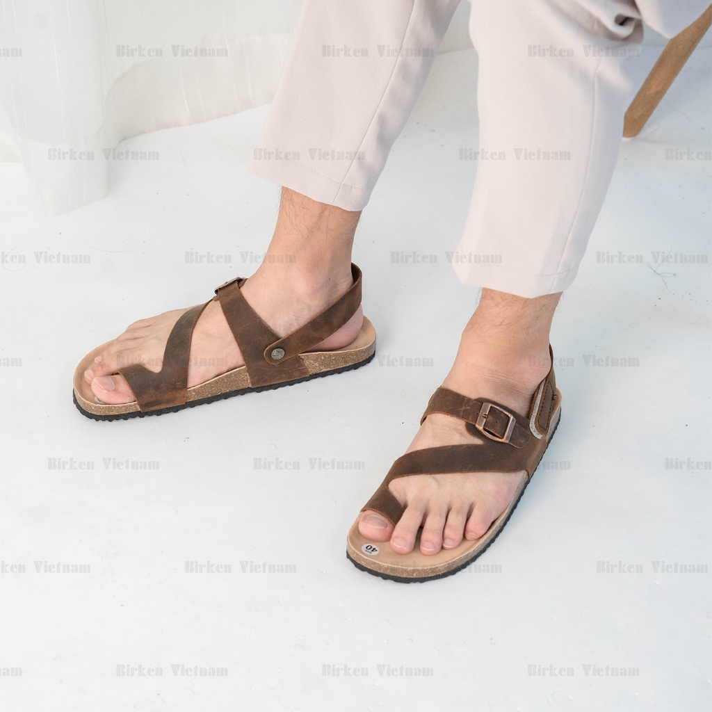 [ New Style ] MÃ DK20 Sandal DA BÒ Đế Trấu Lót PU Chống Nước Quai Chéo Tách Ngón Unisex Birken Vietnam Bioline
