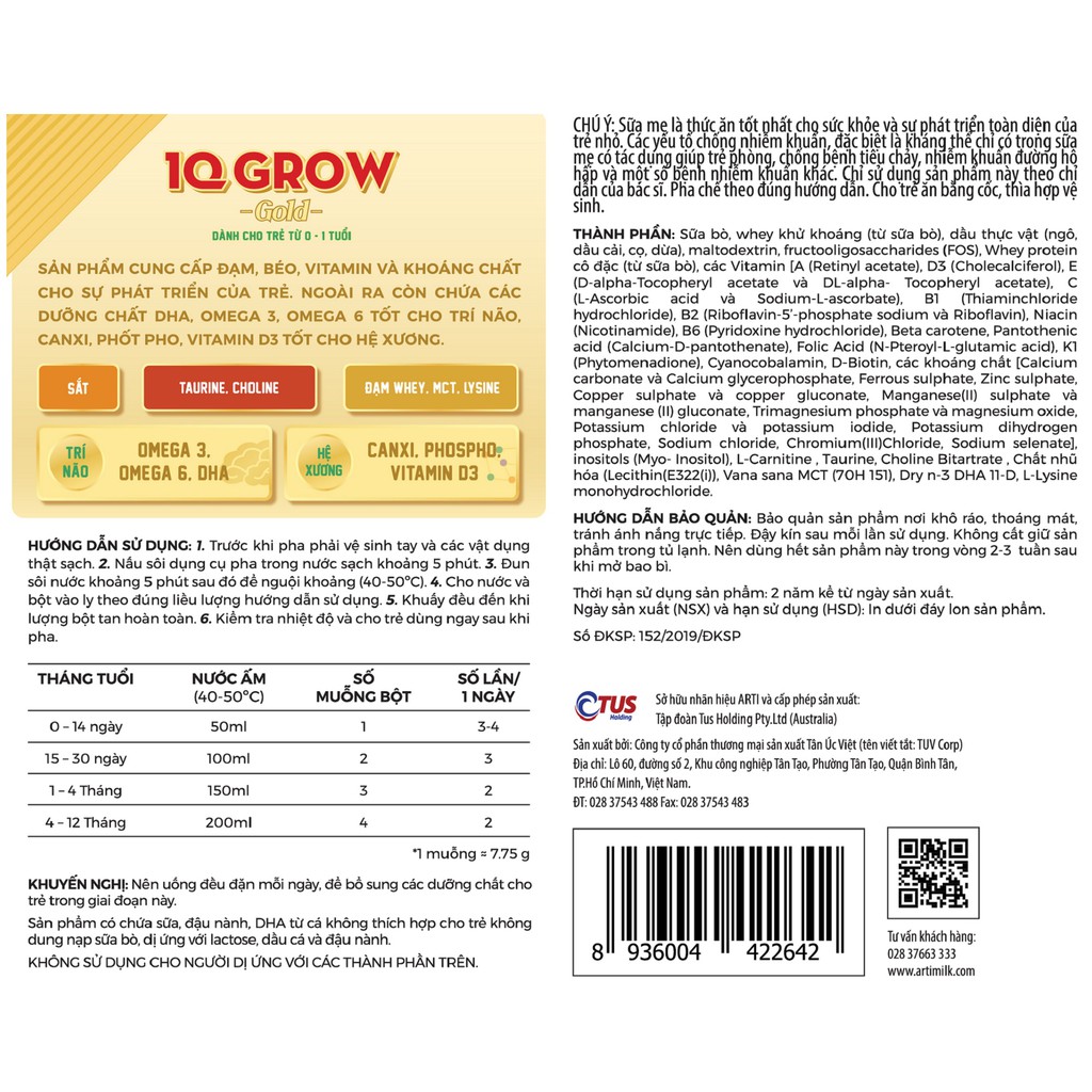 (Chương trình trợ giá) Sữa Arti IQ Grow Gold 900G - chính hãng