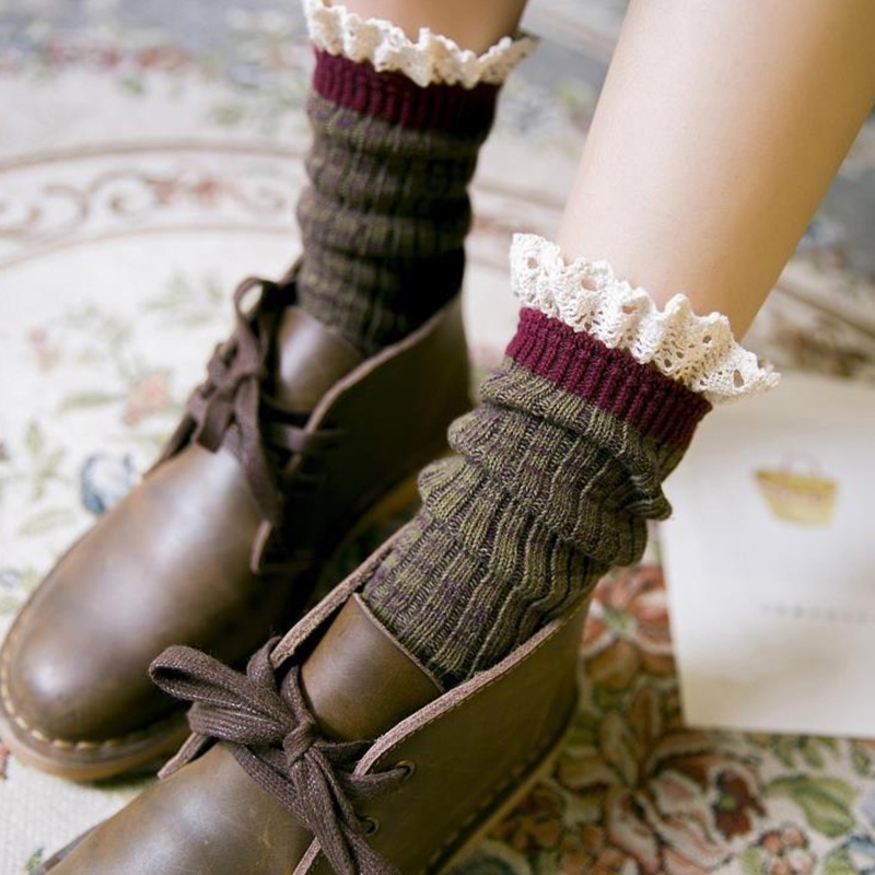 XIXI Vớ ống trung bình phối ren dày dặn ấm áp thời trang thu đông phong cách Nhật Bản cho nữ