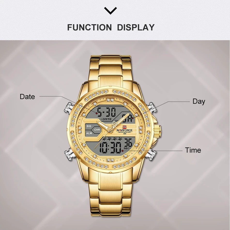 Naviforce Đồng Hồ Quartz Điện Tử Đính Pha Lê Hai Mặt Chất Liệu Thép Không Gỉ Chống Thấm Nước