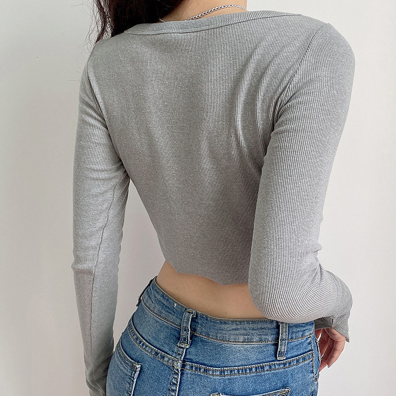 Áo Croptop Chất Liệu Cotton Tay Dài Cổ Chữ V Phối Nút Thời Trang Mùa Thu Cho Nữ
