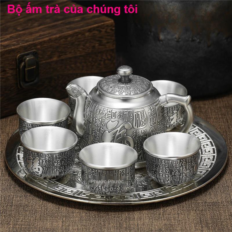 nhà cửa đời sốngBộ ấm trà bạc Baifu 999 sterling phong cách Trung Quốc 1 khay bình 6 chén Longteng retro để gửi qu