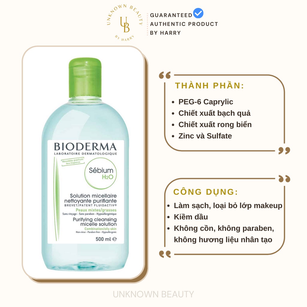 Nước Tẩy Trang Bioderma Xanh Lá Cho Da Dầu Mụn Bioderma Sebium 500ml | Unknown Beauty