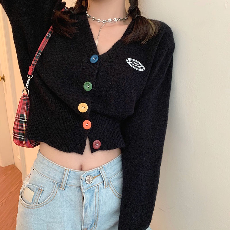 QKOOLE Áo khoác cardigan  dệt kim tay dài cổ chữ V phong cách Hàn Quốc dành cho nữ