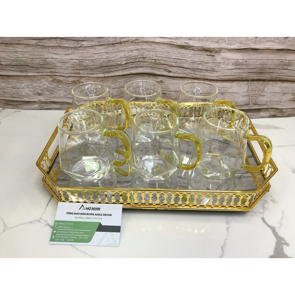 Bộ bình 6 cốc thủy tinh pha trà deox chịu nhiệt cao trong suốt bầu khía quai vàng kiểu dáng sang trọng cao cấp