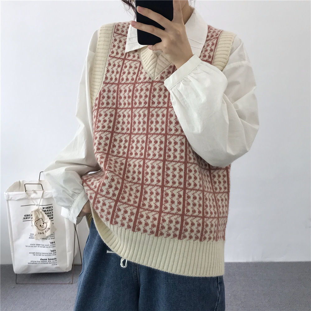 Áo khoác ghi lê dệt kim cổ V sọc caro thời trang Hàn Quốc cho nữ