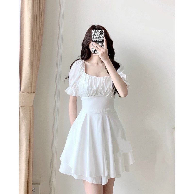 Váy Cổ Vuông Rúm Ngực Nơ Lưng, Đầm Nữ Màu Trắng Xinh
