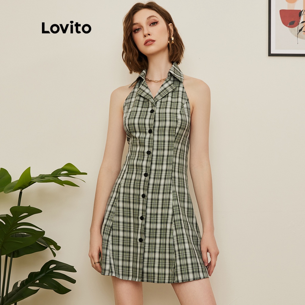 Đầm sơ mi Lovito hở lưng có cổ họa tiết kẻ caro phong cách preppy L19D049 (Màu xanh lục)