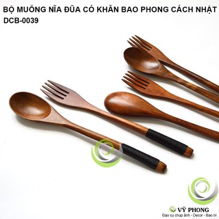 BỘ MUỖNG NĨA ĐŨA GỖ CÓ KHĂN GÓI PHONG CÁCH NHẬT BẢN TRANG TRÍ BẾP ĐẠO CỤ CHỤP ẢNH SẢN PHẨM INS DCB-39