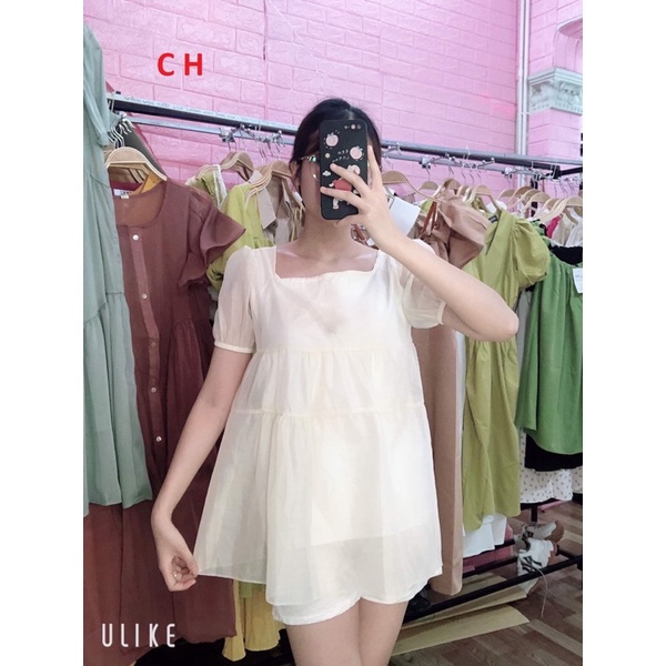 Áo babydoll nữ trắng tay phồng chất von hai lớp thiết kế ba tầng áo tiểu thư from rộng phong cách hàn quốc