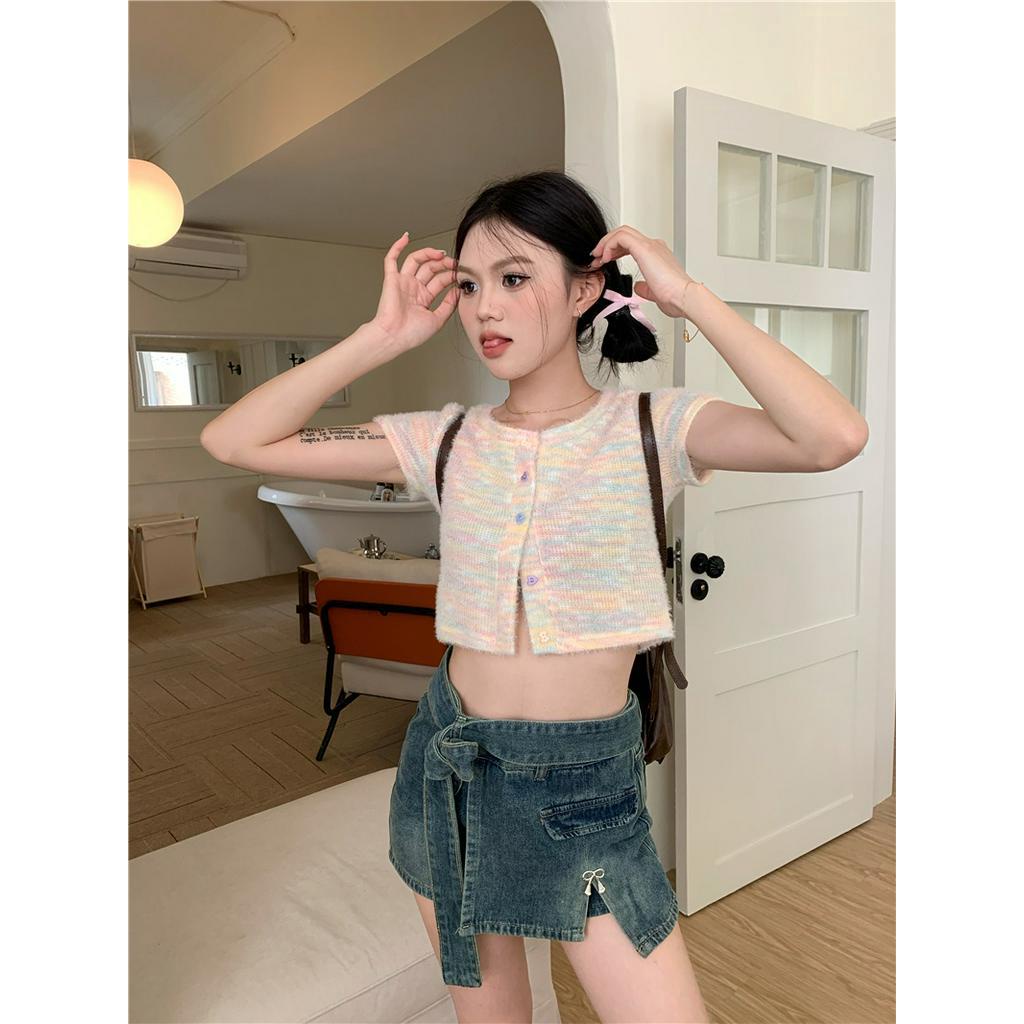 Áo Thun Dáng Ôm Ngắn Tay Phối Màu Cầu Vồng Thời Trang Cá Tính 63686