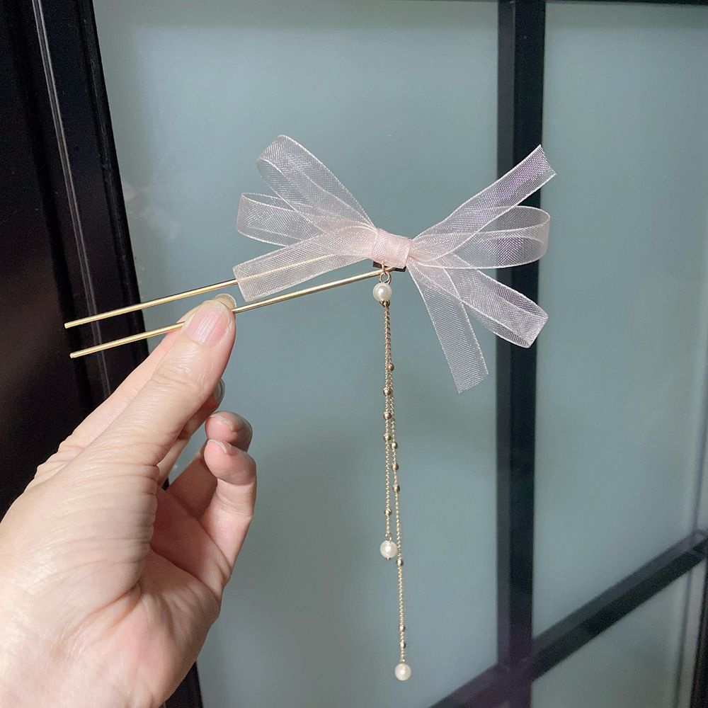 Trâm cài tóc hình chữ U hợp kim mặt nơ lưới đính tua rua ngọc trai nhân tạo phong cách Hàn Quốc vintage cổ điển cho nữ