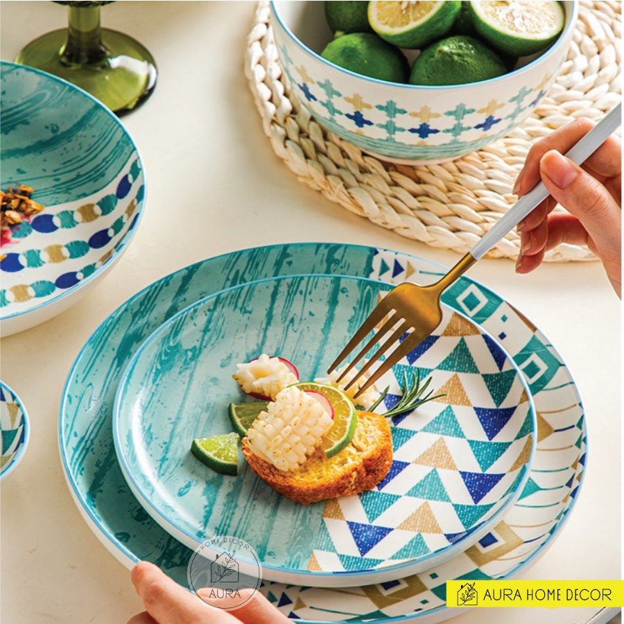 [SẴN HÀNG] Bộ bát cơm, tô mì, tô canh, đĩa họa tiết tối giản đại dương xanh - Gốm sứ phong cách Nhật Bản